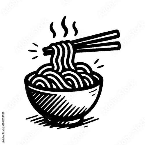 Black and white illustration of a bowl of noodles with chopsticks in vintage style, perfect for food, restaurant, or Asian culture themes.