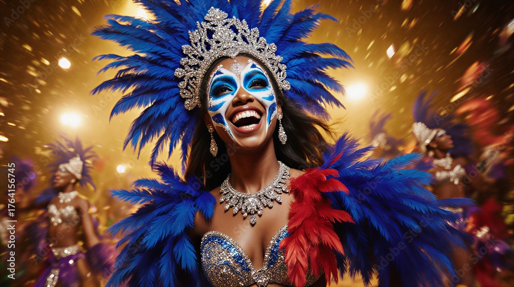© innovative - joyful woman adorned in vibrant feathered carnival costume, celebrating with dazzling energy | festive, celebration, portrait, costume, culture theme