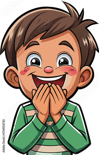 Smiling cartoon boy with hands covering mouth