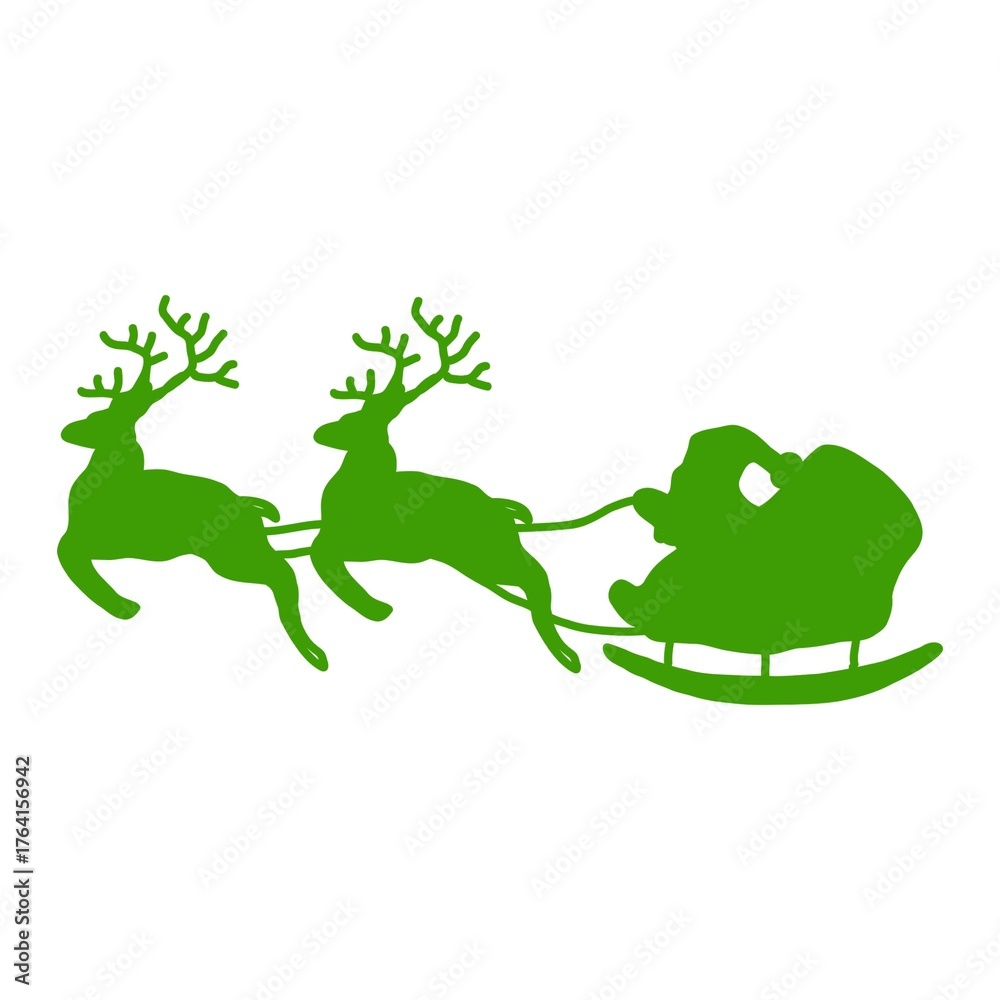 Fototapeta premium Santa Claus Sleigh Pulled by Reindeer Silhouette サンタクロースとトナカイが引くそりのシルエットイラスト 