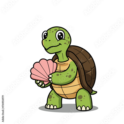 A cheerful cartoon vector illustration shows a happy green turtle and tortoise character smiling in nature