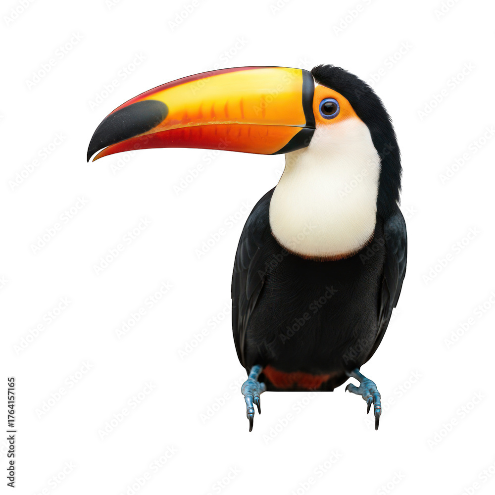 Fototapeta premium Colorful toucan perched, black background, vivid