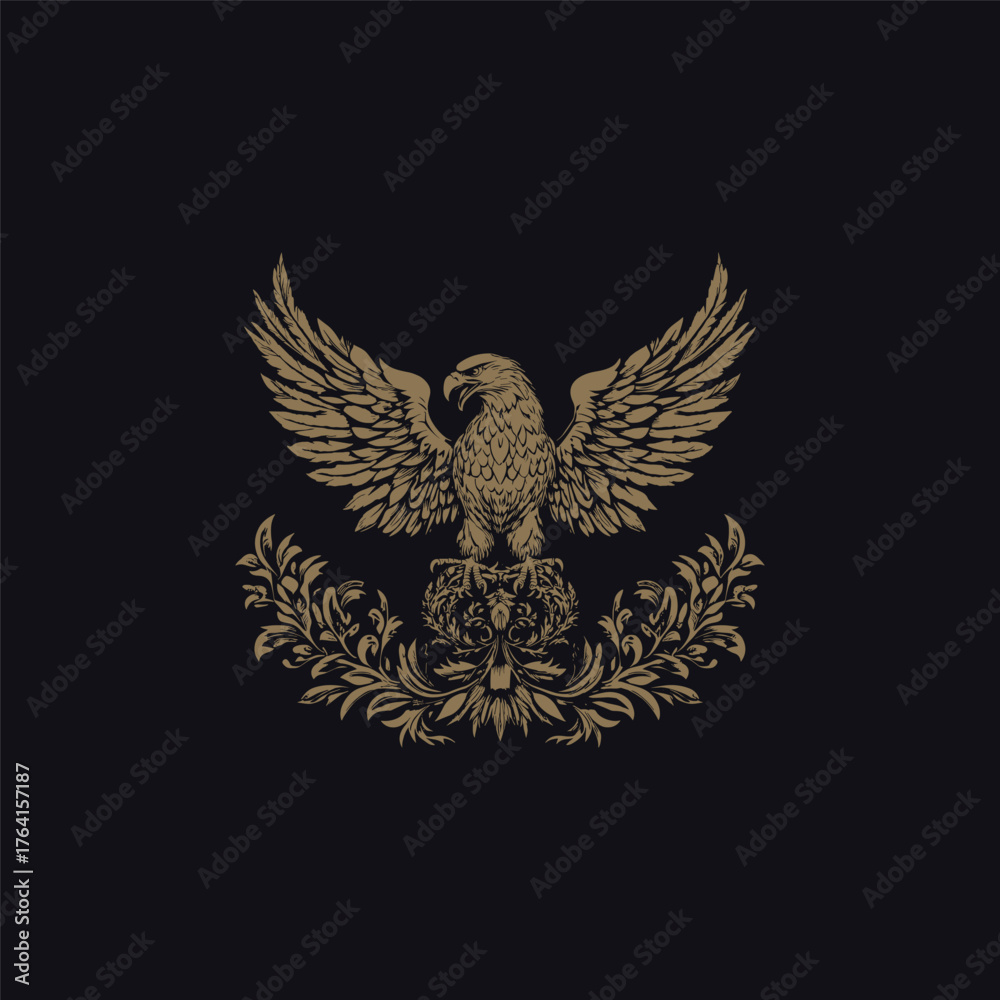 Fototapeta premium Majestic golden eagle vector illustration with large open wings, perched atop an elaborate ornamental leaf wreath or floral flourish.