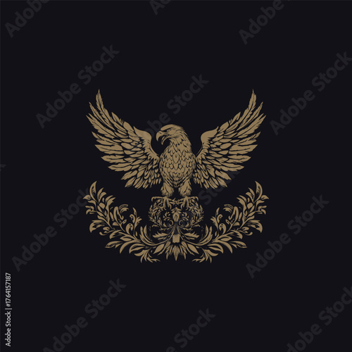 Majestic golden eagle vector illustration with large open wings, perched atop an elaborate ornamental leaf wreath or floral flourish.
