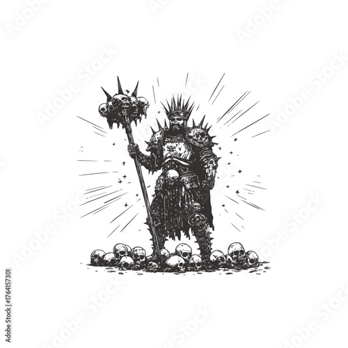 Intense dark fantasy engraving illustration of a powerful Death Knight or evil king in spiked armor, standing on a pile of skulls and holding a skull-adorned mace or staff
