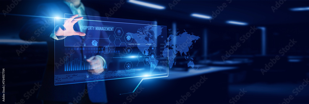 Fototapeta premium Manager pointing property management platform, which analyzes tenant data, maintenance schedules, rent collection, financial reports, and operational efficiency.