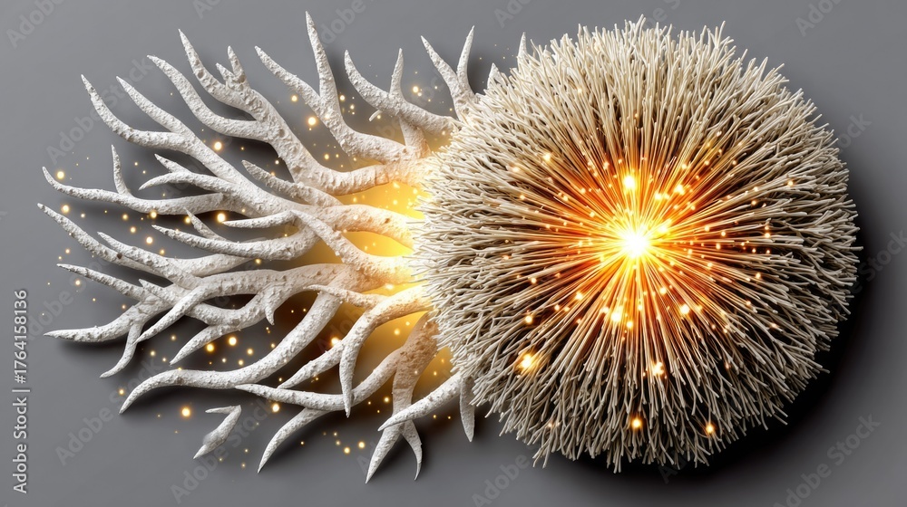 Obraz premium Abstract Representation of Cellular Growth and Transformation with Luminous Elements and Textured Branches