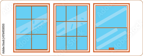Set of three flat design vector windows featuring orange-brown frames and blue glass with transparent glare. Includes a standard grid window, a multi-pane grid window, and a single-hung or sash window