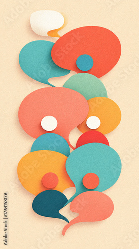 Colorful speech bubbles stacked vertically on beige background