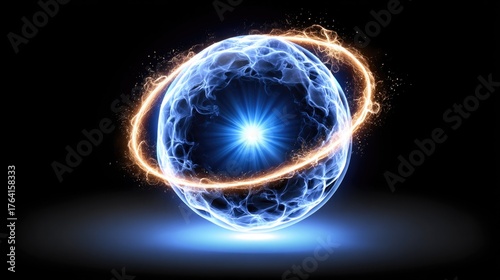 Blue Energy Sphere with Glowing Halo and Swirling Light Effects on Dark Background