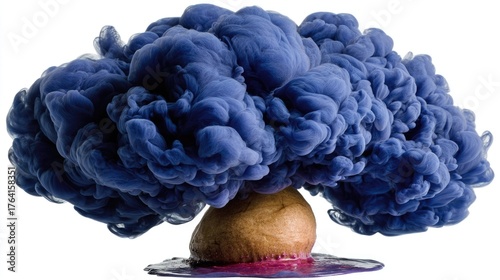 Vibrant Blue Smoke Swirl Formation with Brown Base on a White Background Captured in High Resolution Quality