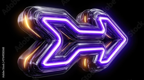 Futuristic Neon Arrow Design with Bright Glow and Reflective Surface in Dark Background