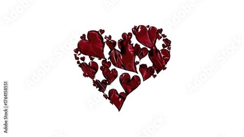 Red satin hearts arranged in a large heart shape on a white background for romantic themes and designs