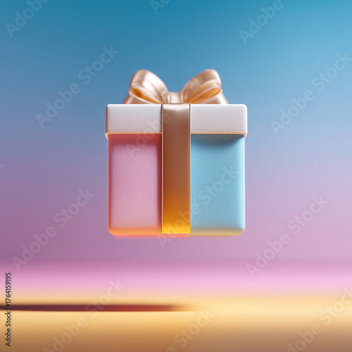 Gift Box Suspended Mid-Air Isolated on Pastel Gradient Background – Floating Present with Soft Colorful Backdrop for Celebration or Holiday Themes