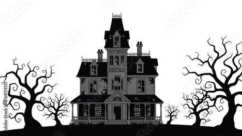 Spooky haunted house illustration creepy mansion with bare trees perfect for Halloween designs and scary themes