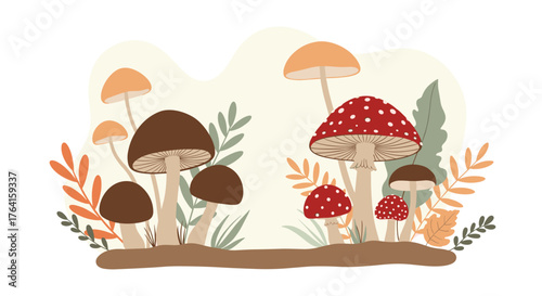 Colorful mushroom illustration in a natural environment with plants.