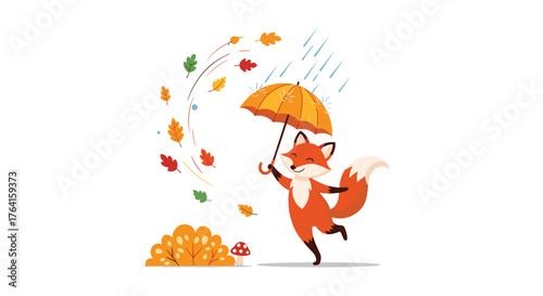 Fox with umbrella enjoying autumn rain and falling leaves.