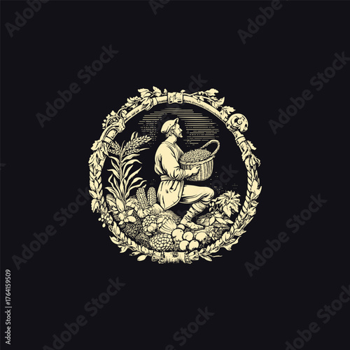 Detailed vintage engraving illustration of a farmer or harvester kneeling, holding a basket of grapes and surrounded by various crops like corn and wheat, all framed by an elaborate botanical wreath