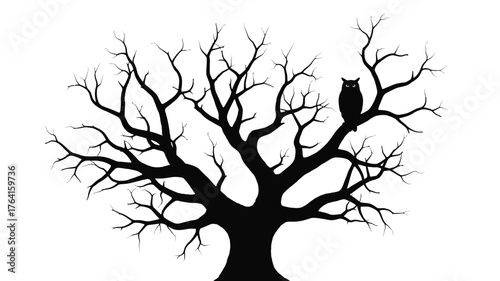 Silhouette of a spooky bare tree with an owl perched on a branch vector illustration for Halloween or autumn themes isolated on white