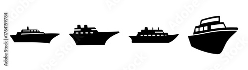 Four silhouette cruise ships diverse sizes displayed side by side on