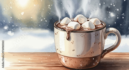 Watercolor painting of hot chocolate with marshmallows on a snowy winter day