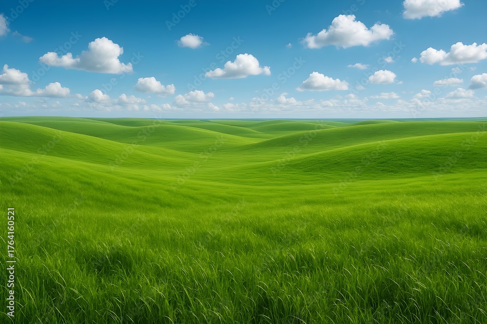 Obraz premium Expansive Green Rolling Hills Landscape Under a Bright Blue Sky with White Clouds