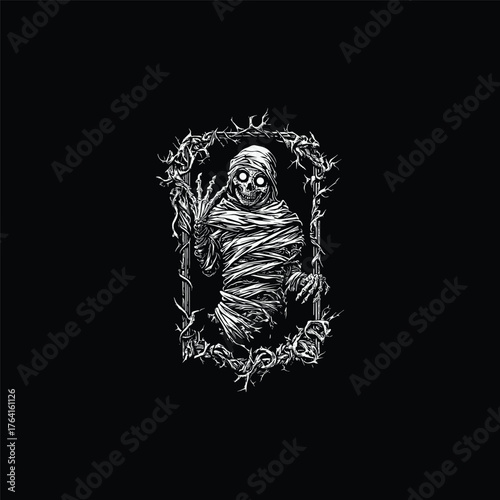Terrifying black and white vector illustration of an ancient mummy figure wrapped in tattered bandages, emerging from a thorny, spiked wreath or frame