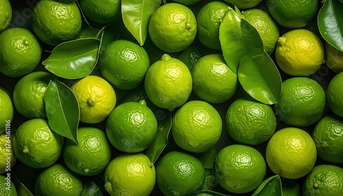 Fresh limes and leaves texture background with citrus fruit, and green food wallpaper.