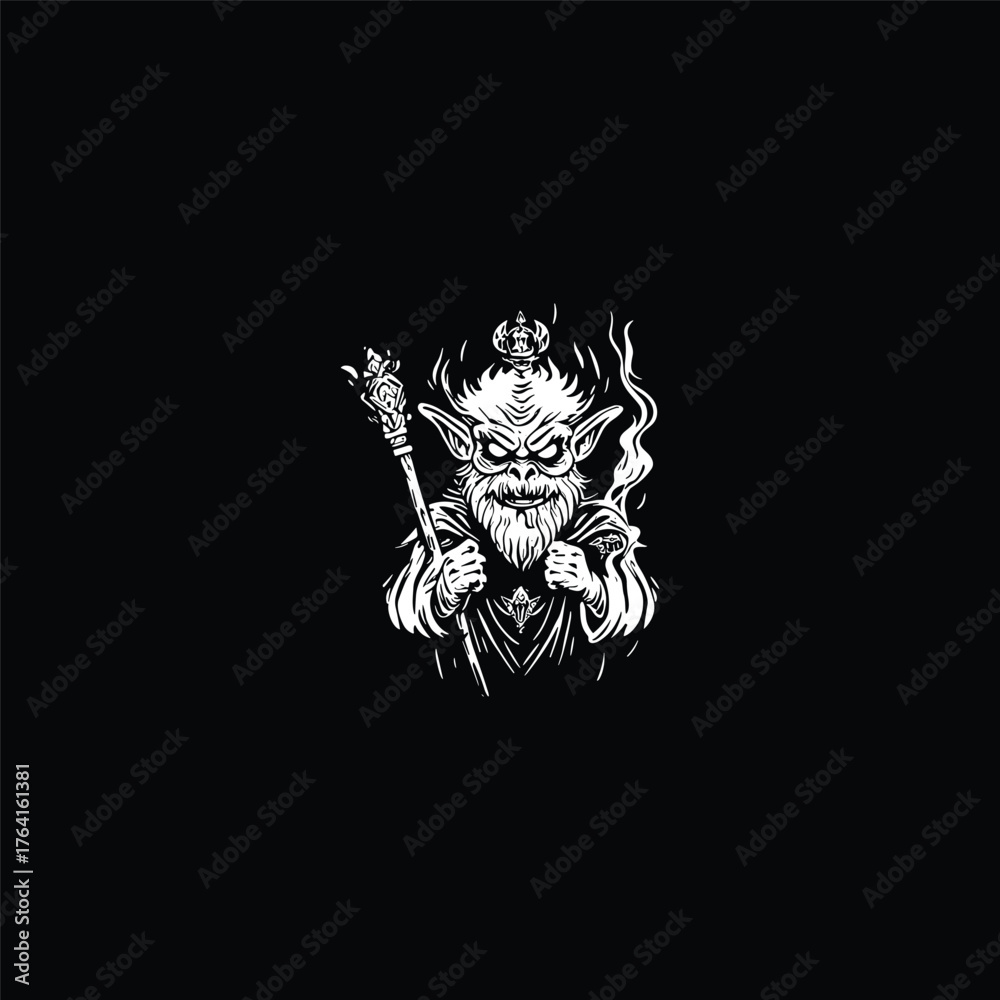 Fototapeta premium Fearsome black and white vector illustration of a goblin king or troll shaman wearing a small crown and holding a magical staff or scepter