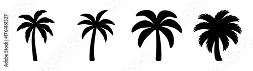 Collection of four distinct black silhouette palm trees in varying sizes and poses