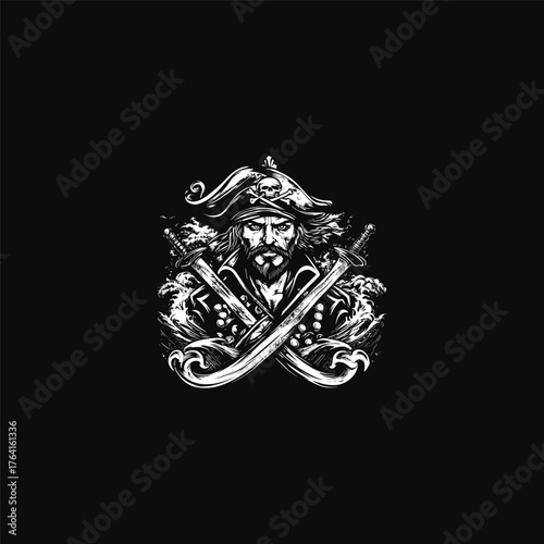 Detailed vintage vector illustration of a bearded pirate captain wearing a tricorn hat with a skull