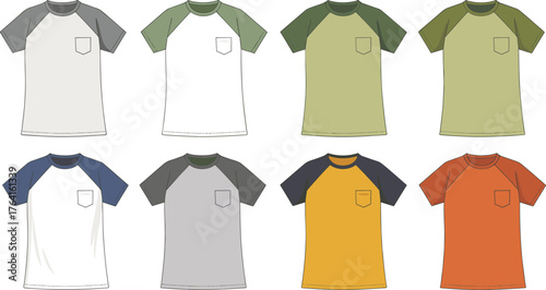 Short sleeve t shirt mockup, colorful pocket tee design, fashion apparel template, casual clothing collection, unisex garment style, trendy outfit variations, retail catalog presentation