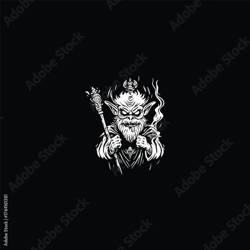 Fearsome black and white vector illustration of a goblin king or troll shaman wearing a small crown and holding a magical staff or scepter