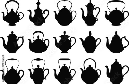 Black teapot silhouettes collection, kettle icons set, vintage tea pot shapes, traditional teaware design, kitchen utensil illustration, retro boiling water container graphics