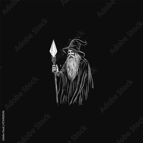 Dark, vintage vector illustration of an old wizard or sorcerer with a long white beard, wearing a pointed hat and holding a staff topped with a glowing crystal or gem.