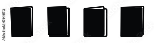 Four simple black rectangular shapes suggesting open or closed books isolated on white