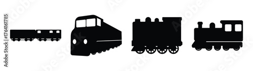 Collection of stylized silhouette trains including a freight car locomotive and steam engine designs