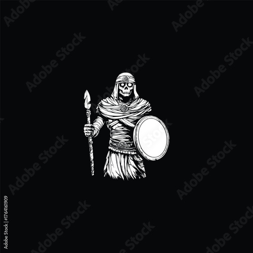 Dark and detailed vector illustration of an ancient Egyptian mummy warrior or skeletal pharaoh wrapped in bandages, holding a spear and a shield