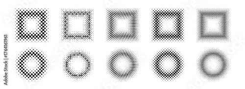 Halftone pixelated frame set. Dotted textured round and square borders. Cartoon faded boarder collection. Pixel bitmap element pack for poster, collage, banner. Vector comic bundle gradient shapes