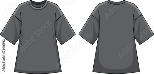 Oversized t shirt flat sketch, fashion technical drawing, apparel design template, clothing vector illustration, garment specification, unisex casual wear, dropped shoulder,