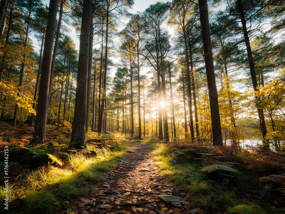 Fototapeta premium A beautiful sunlit forest path surrounded by pine trees and autumn foliage.