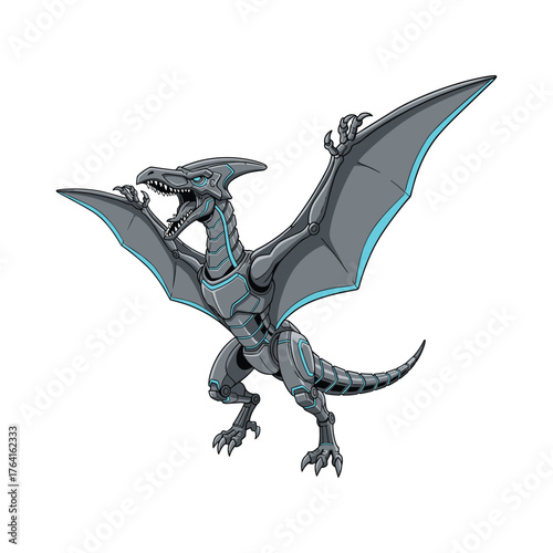Futuristic Mecha Pterosaur with Blue Glowing Armor