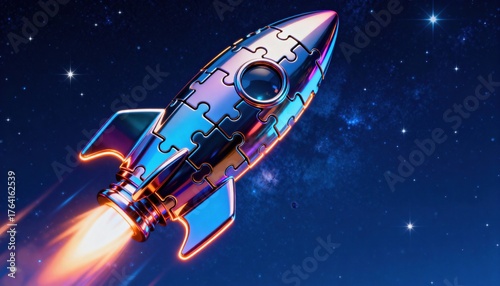 Rocket of Innovation: A dazzling rocket soars through the inky expanse of space, its form a mosaic of puzzle pieces, symbolizing the innovative spirit of technology and space exploration.