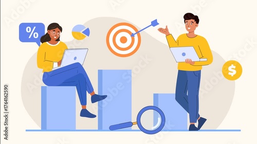 Collaborative Business Team Analyzing Data With Laptops, Charts, and Target Symbols For Growth And Strategy