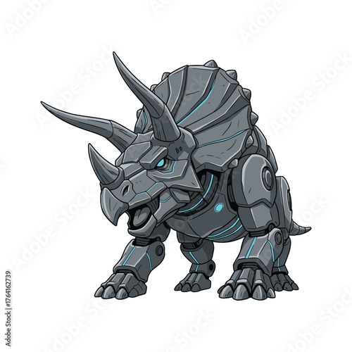Futuristic Mecha Triceratops with Blue Glowing Armor
