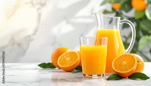 Freshly squeezed orange juice in glass and pitcher with fruit  marble backdrop.