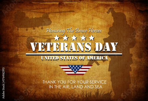 Dramatic Veterans Day poster with bold typography, soldier and helicopter silhouette on vintage grunge style background. Best for Veterans Day November 11, 2025 