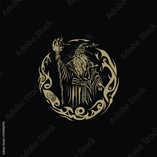Mystical vector illustration of an old wizard or druid with a long beard and robes, holding a flaming torch high