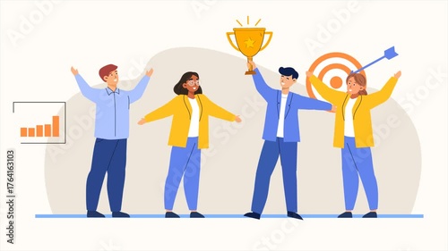 Team Celebration With Trophy And Target Friends Achieving Success And Victory Together In Corporate Setting