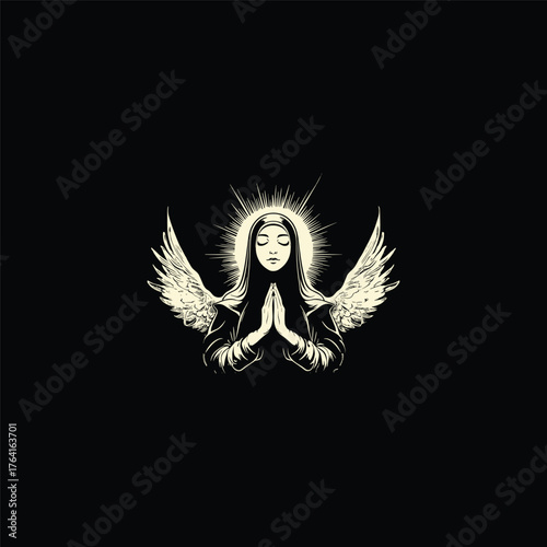 Peaceful vector illustration of a nun or devout religious woman with hands clasped in prayer, wearing a habit and framed by radiating light and angelic wings